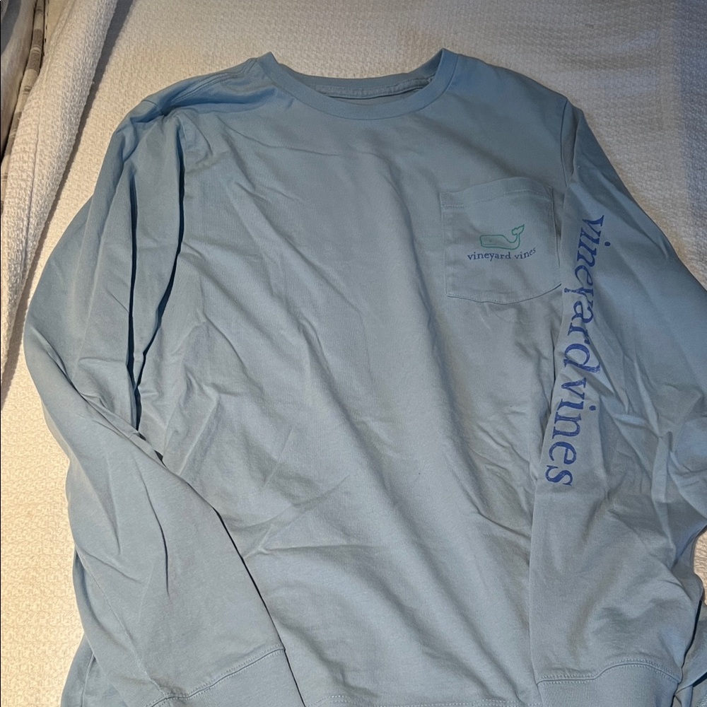Vineyard Vines Pale Blue Long Sleeve Pocket Tee with Sleeve Logo